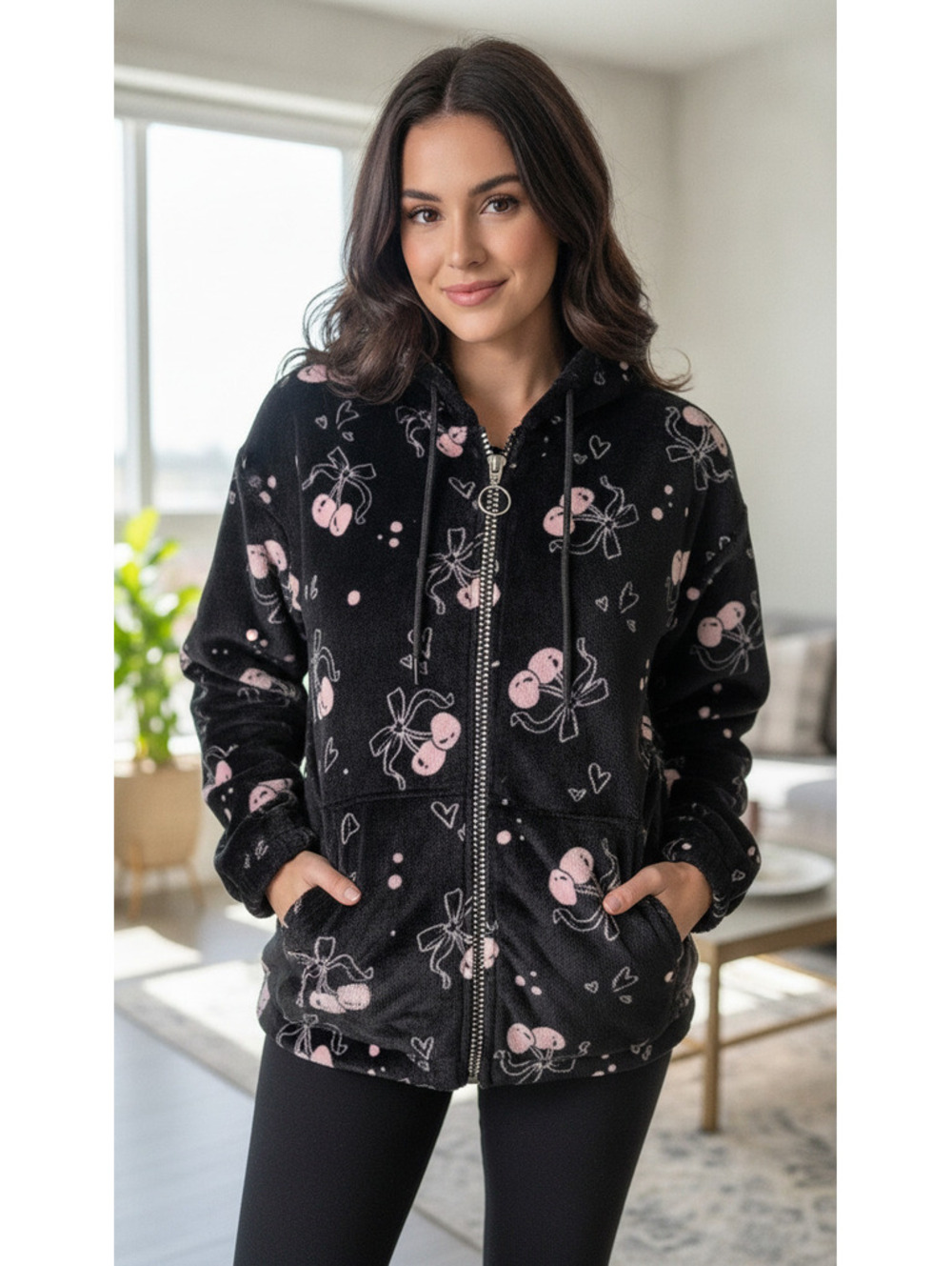 Black Fleece Hoodie with Pink Cherry and Bow Print, Full Zip, Cozy and Soft